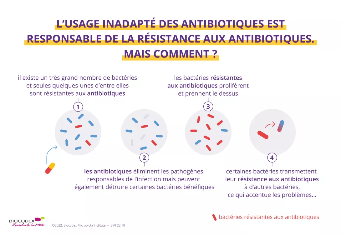 L'usage inadapté des antibiotiques est responsable de la résistance aux antibiotiques. En effet, parmi toutes les bactéries, seulement une petite partie sont au départ résistantes aux antibiotiques mais l'usage des antibiotiques élimine certaines bactéries bénéfiques, non résistantes aux antibiotiques. Les bactéries résistantes vont donc proliférer et prendre le dessus, de plus que certaines bactéries transmettent leur résistance aux antibiotiques à d'autres bactéries, ce qui accentue les problèmes.